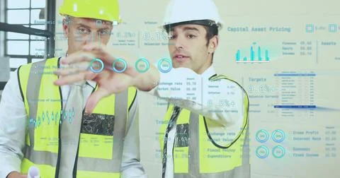 Image of data processing over diverse male architects in office Illustrazione stock