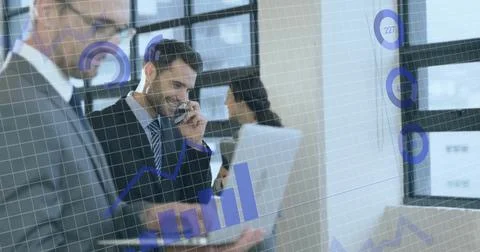 Image of data processing over diverse business people in office 스톡 일러스트