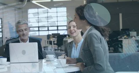 Image of data processing over diverse business people in office 스톡 일러스트