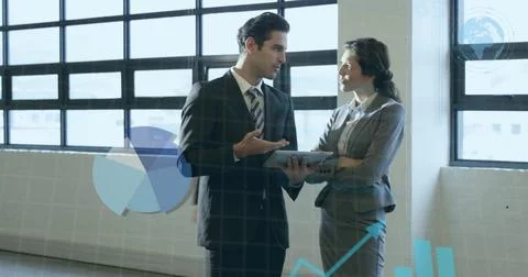 Image of data processing over diverse business people in office 스톡 일러스트