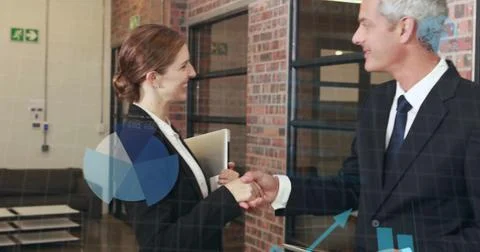 Image of data processing over diverse business people in office 스톡 일러스트