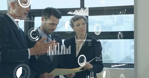 Image of data processing over diverse business people in office 库存插图