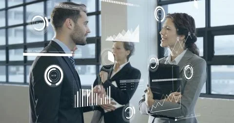 Image of data processing over diverse business people in office 스톡 일러스트