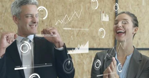 Image of data processing over diverse business people in office 스톡 일러스트