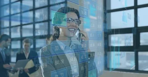 Image of data processing over diverse business people in office 스톡 일러스트