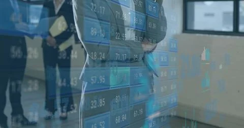 Image of data processing over diverse business people in office 스톡 일러스트