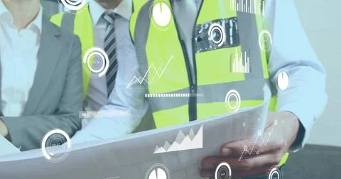 Image of data processing over diverse architects in office Illustrazione stock