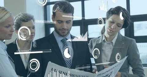 Image of data processing over diverse business people in office 库存插图
