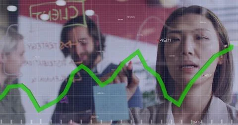 Image of data processing over diverse business people taking notes on glass wall Stock Illustration