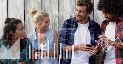 Image of data processing over diverse friends using smartphones 스톡 일러스트