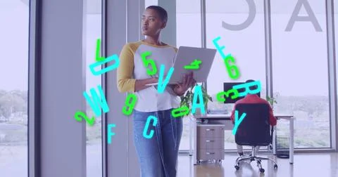 Image of data processing over diverse business people in office 스톡 일러스트