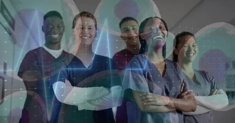 Image of data processing over diverse doctors in hospital 스톡 일러스트