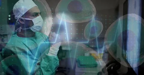 Image of data processing over diverse surgeons in hospital Stockillustratie
