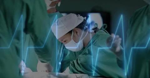 Image of data processing over diverse surgeons in hospital イラスト素材