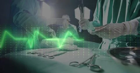 Image of data processing over diverse surgeons in hospital Illustrazione stock