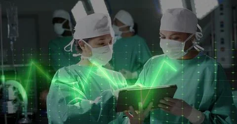 Image of data processing over diverse surgeons with tablet in hospital 스톡 일러스트