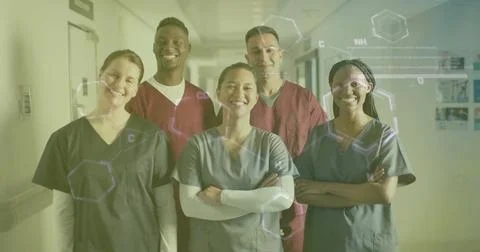 Image of data processing over diverse doctors in hospital 스톡 일러스트