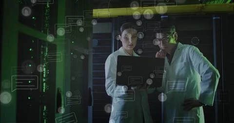 Image of data processing over diverse couple of server room workers 스톡 일러스트