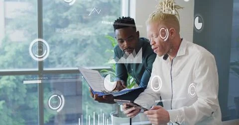 Image of data processing over diverse business people in office 스톡 일러스트