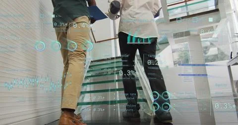 Image of data processing over diverse businessmen walking up the stairs in Stock Illustration