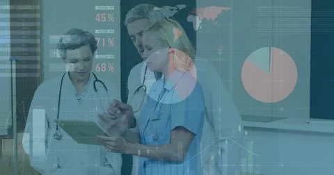 Image of data processing over diverse group of doctors 스톡 일러스트