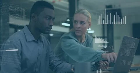 Image of data processing over diverse man and woman discussing over laptop at Illustrazione stock