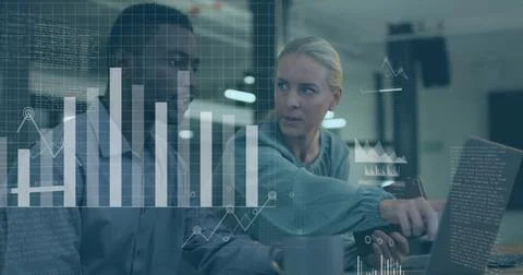 Image of data processing over diverse man and woman discussing over laptop at Illustrazione stock