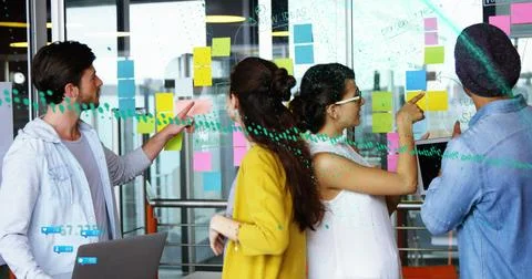 Image of data processing over diverse business people taking notes Stock Illustration