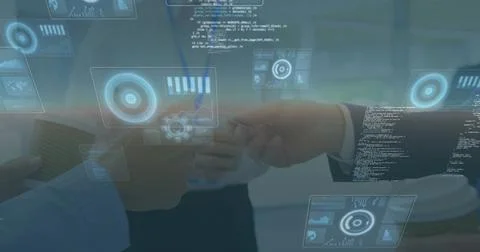 Image of data processing over diverse business people with card Stockfoto's