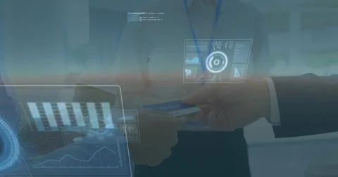 Image of data processing over diverse business people with card 写真素材