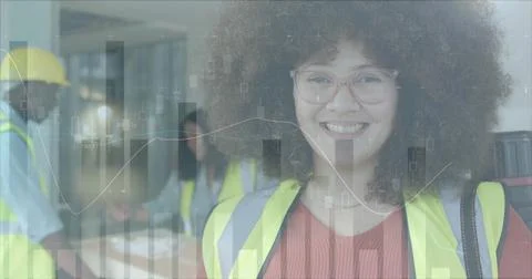 Image of data processing over diverse engineers in hi vis vests Foto stock