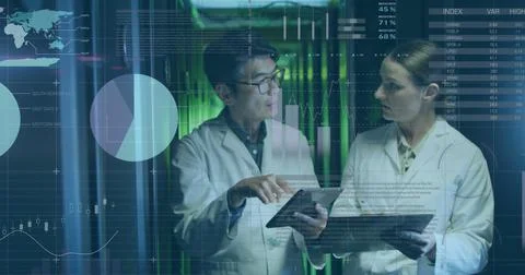 Image of data processing over diverse it engineers by computer servers Stock Photos