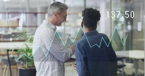 Image of data processing over diverse business people in office 写真素材