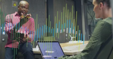 Image of data processing over diverse business people working at office 스톡 사진