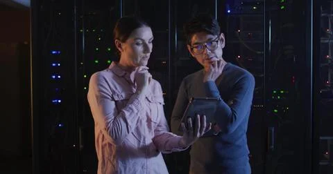 Image of data processing over diverse it engineers and computer servers Stock Photos