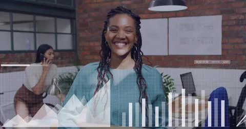 Image of data processing over diverse business people in office Foto stock