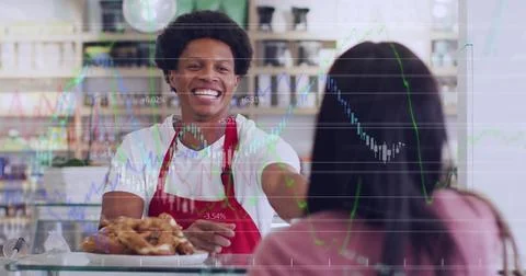 Image of data processing over diverse shop assistant and customer shopping Stock Photos