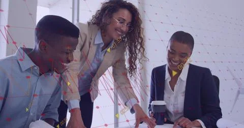 Image of data processing over diverse business people in office 库存照片