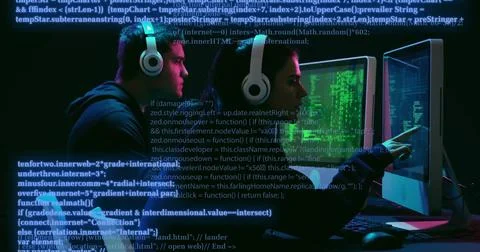 Image of data processing over diverse people using computers Stock Photos