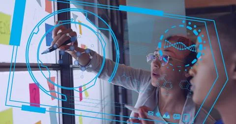 Image of data processing over diverse business people in office Stock Photos