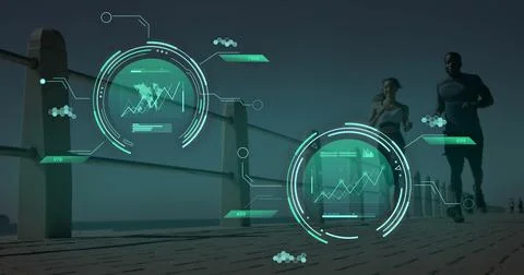 Image of data processing over diverse man and woman running Foto stock
