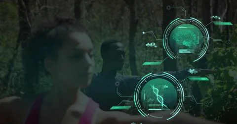 Image of data processing over diverse man and woman exercising Stock Photos