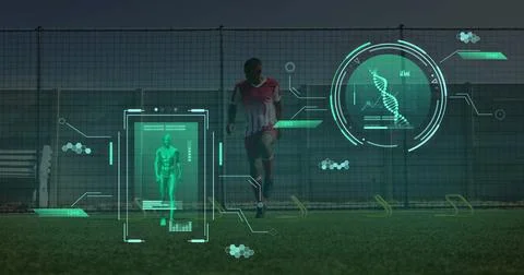 Image of data processing over diverse football players exercising Stock Photos