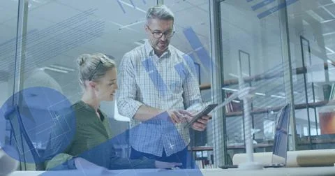 Image of data processing over diverse business people working in office Stockfoto's
