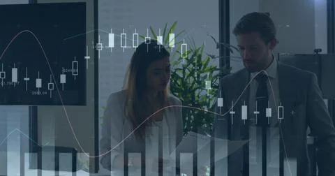 Image of data processing over diverse business people talking 写真素材