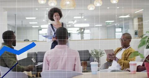 Image of data processing over diverse business people at office Foto stock