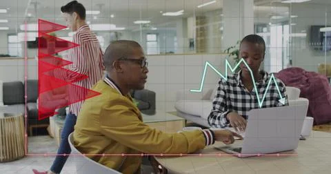 Image of data processing over diverse business people at office 스톡 사진