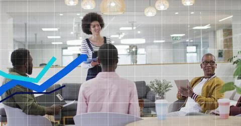 Image of data processing over diverse business people at office 스톡 사진