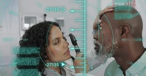 Image of data processing over diverse male patient and doctor checking sight Stockfoto's