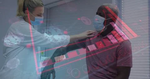 Image of data processing over diverse doctor and patient wearing face masks Foto stock